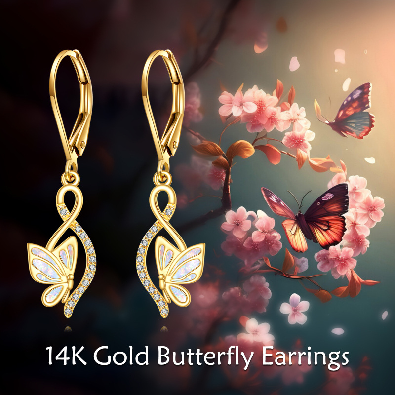 Brincos Opala em Forma de Borboleta com Pendente em Ouro 9K-6