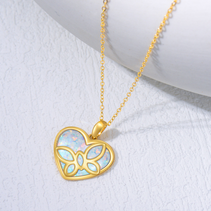 10K Gold Opal Butterfly & Heart Pendant Necklace-3