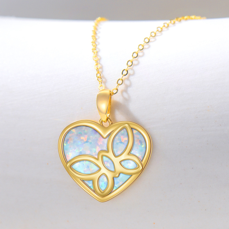 10K Gold Opal Butterfly & Heart Pendant Necklace-4