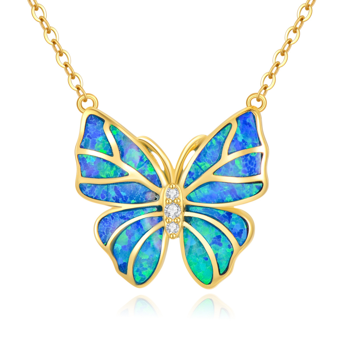 10K Gold Cubic Zirconia & Opal Butterfly Pendant Necklace-1