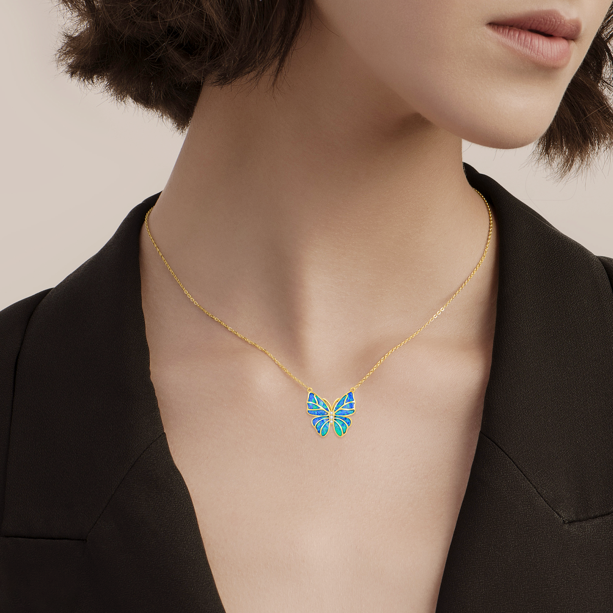 18K Gold Cubic Zirconia & Opal Butterfly Pendant Necklace-2