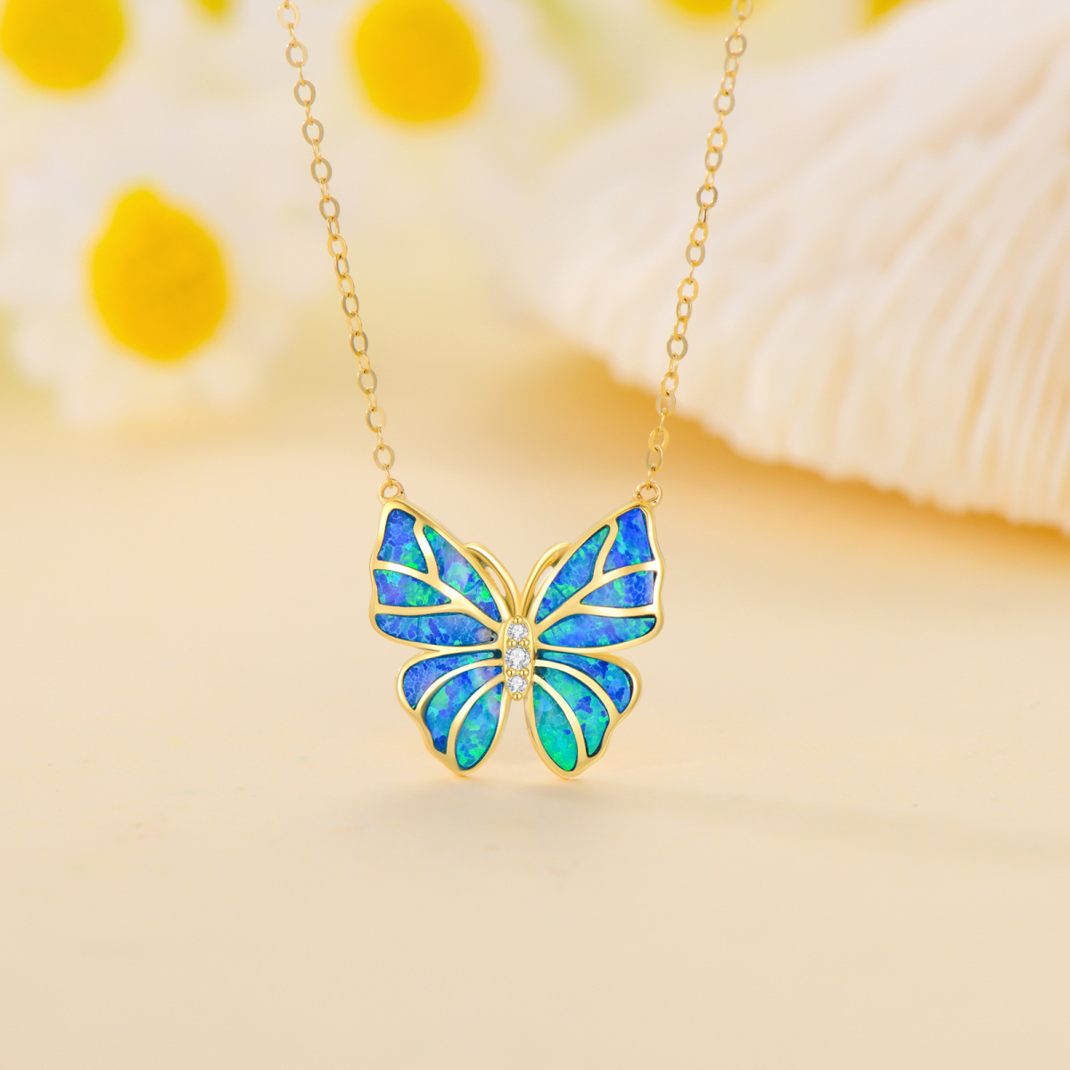 10K Gold Cubic Zirconia & Opal Butterfly Pendant Necklace-3