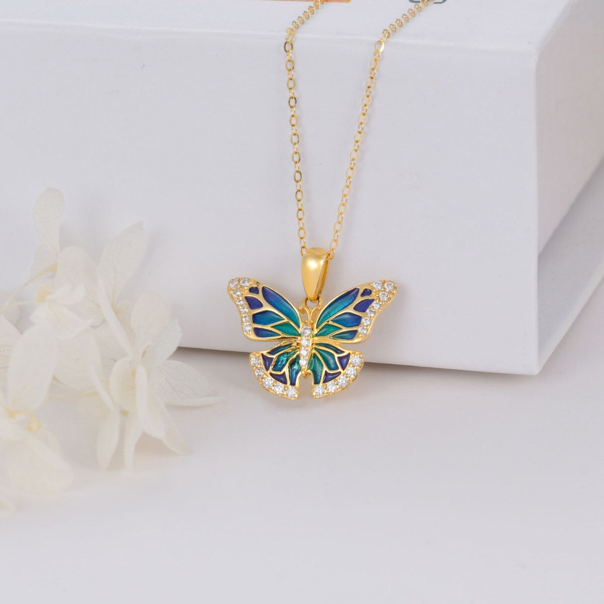 Collier papillon en or 14K à zircon cubique et opale-3