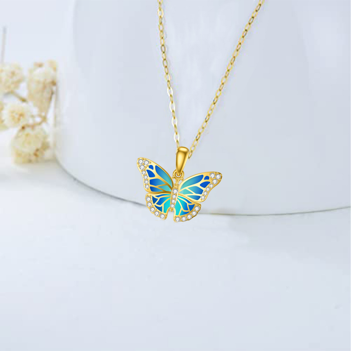 Collier avec pendentif papillon en or 14 carats et zircone cubique-4