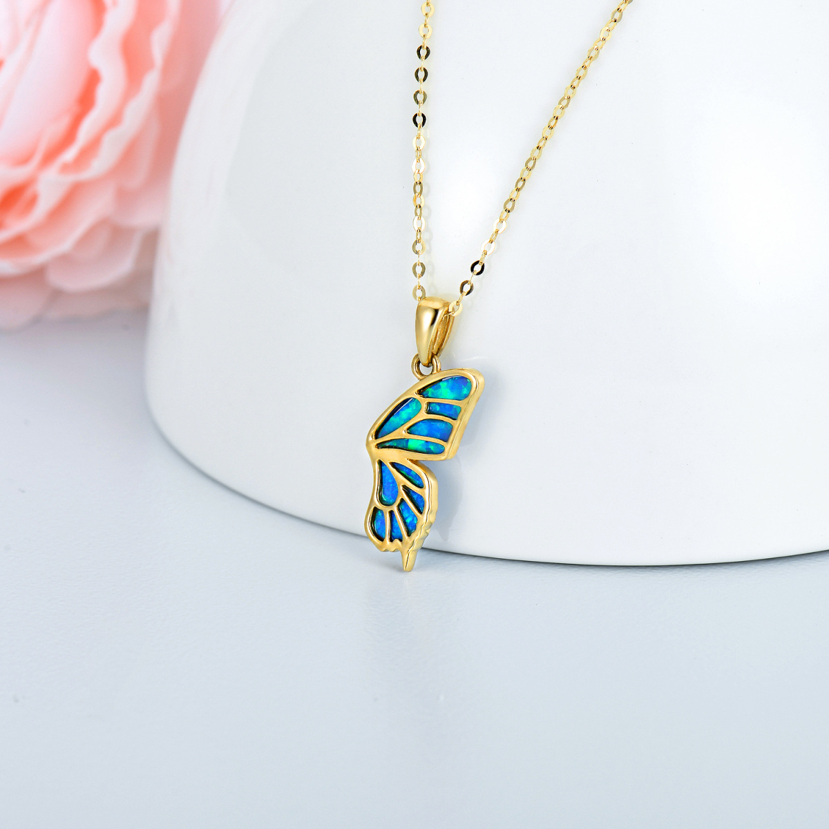 10K Gold Opal Butterfly Pendant Necklace-4