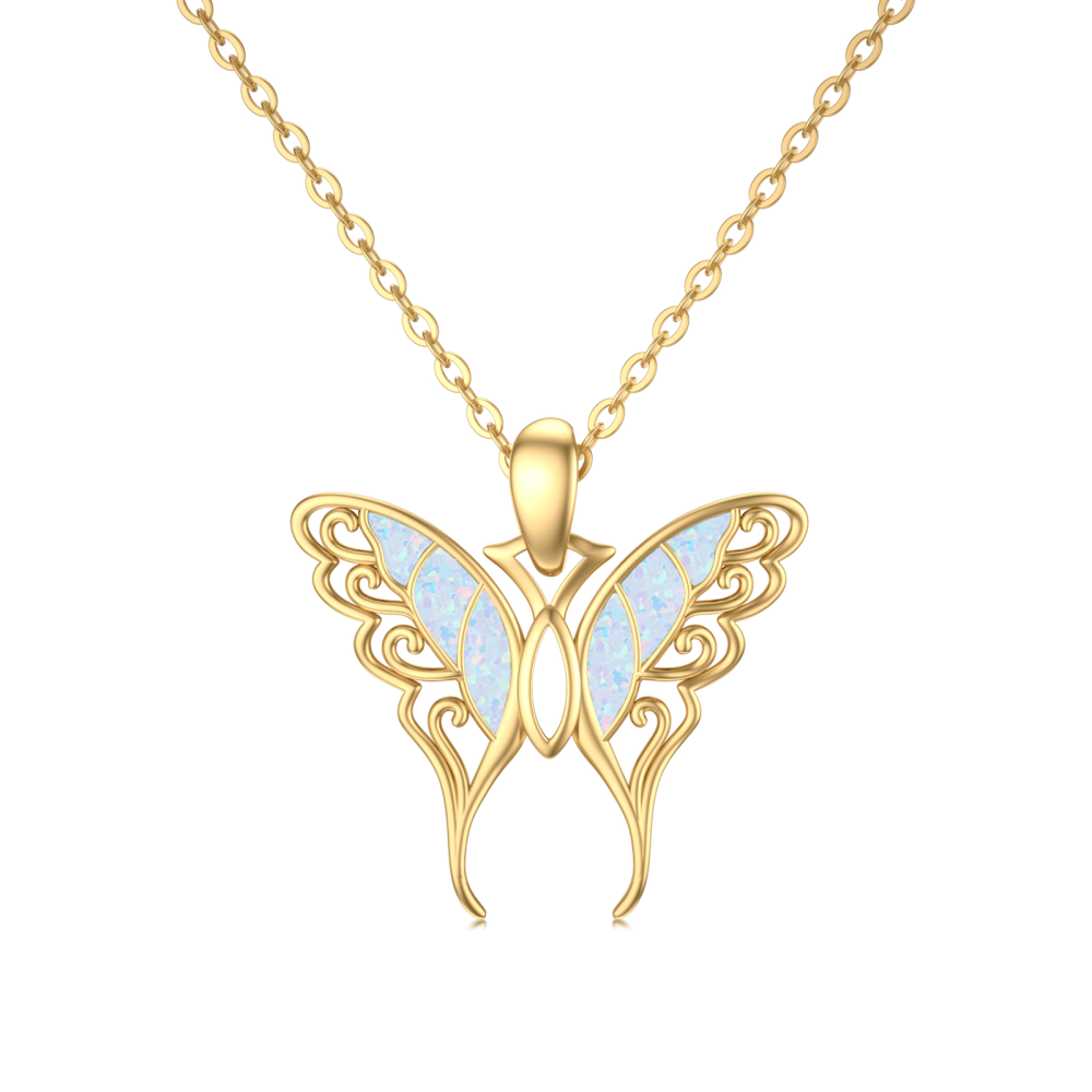 10K Gold Opal Butterfly Pendant Necklace-1