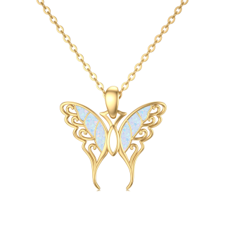 10K Gold Opal Butterfly Pendant Necklace-17