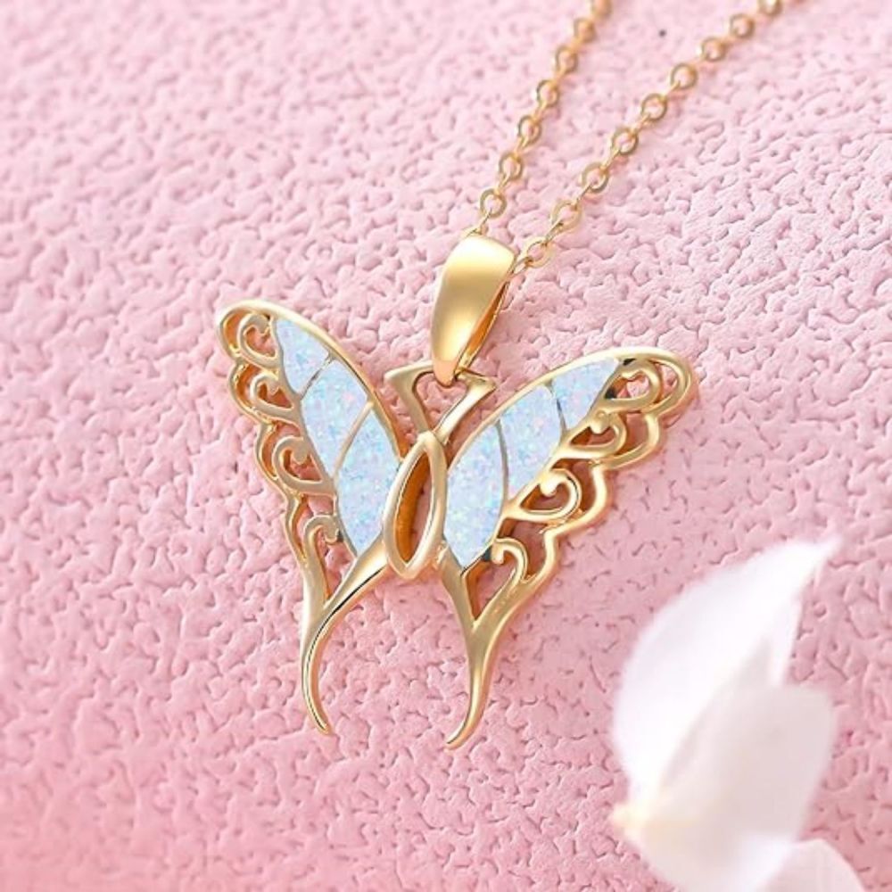 10K Gold Opal Butterfly Pendant Necklace-3