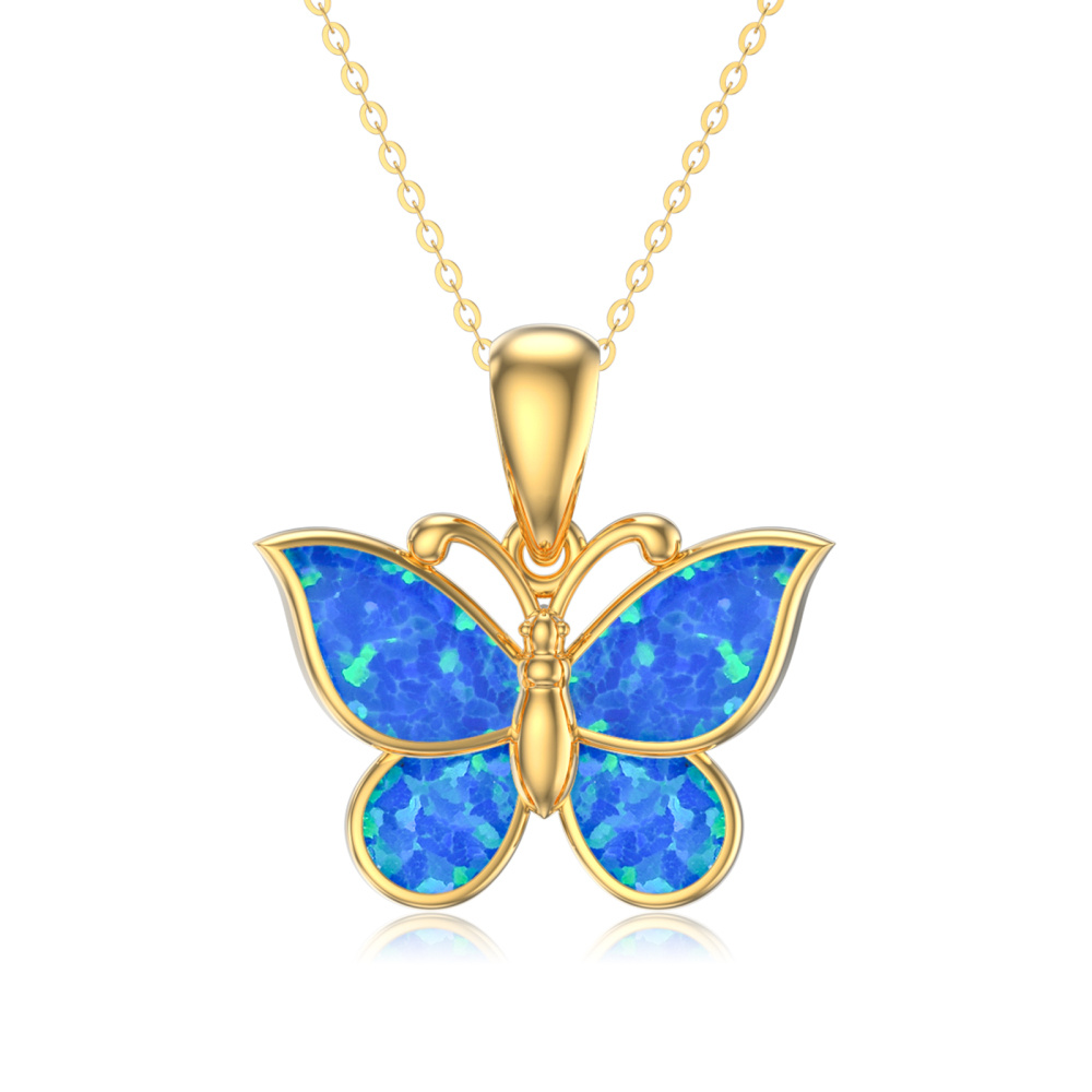 10K Gold Opal Butterfly Pendant Necklace-1