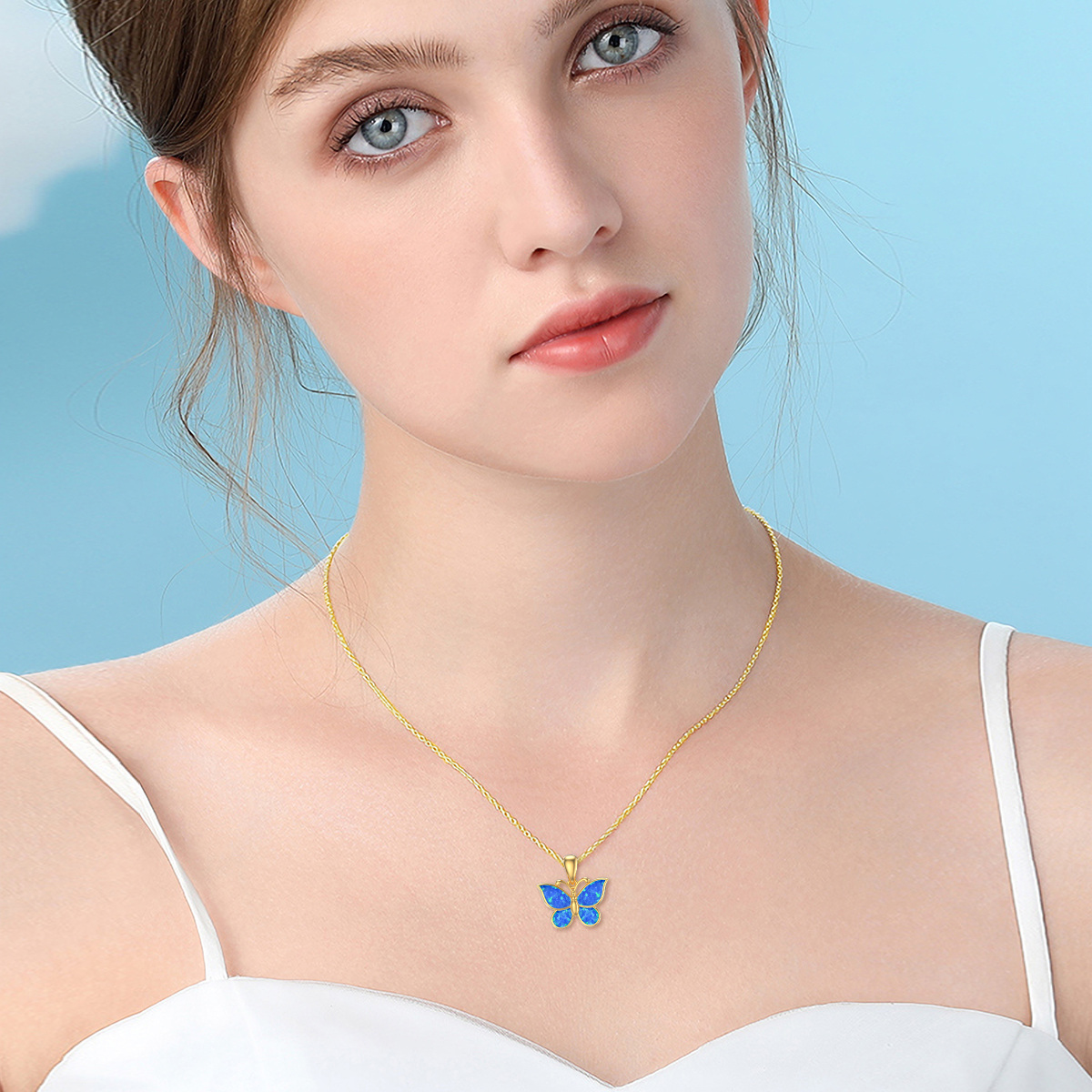 10K Gold Opal Butterfly Pendant Necklace-2