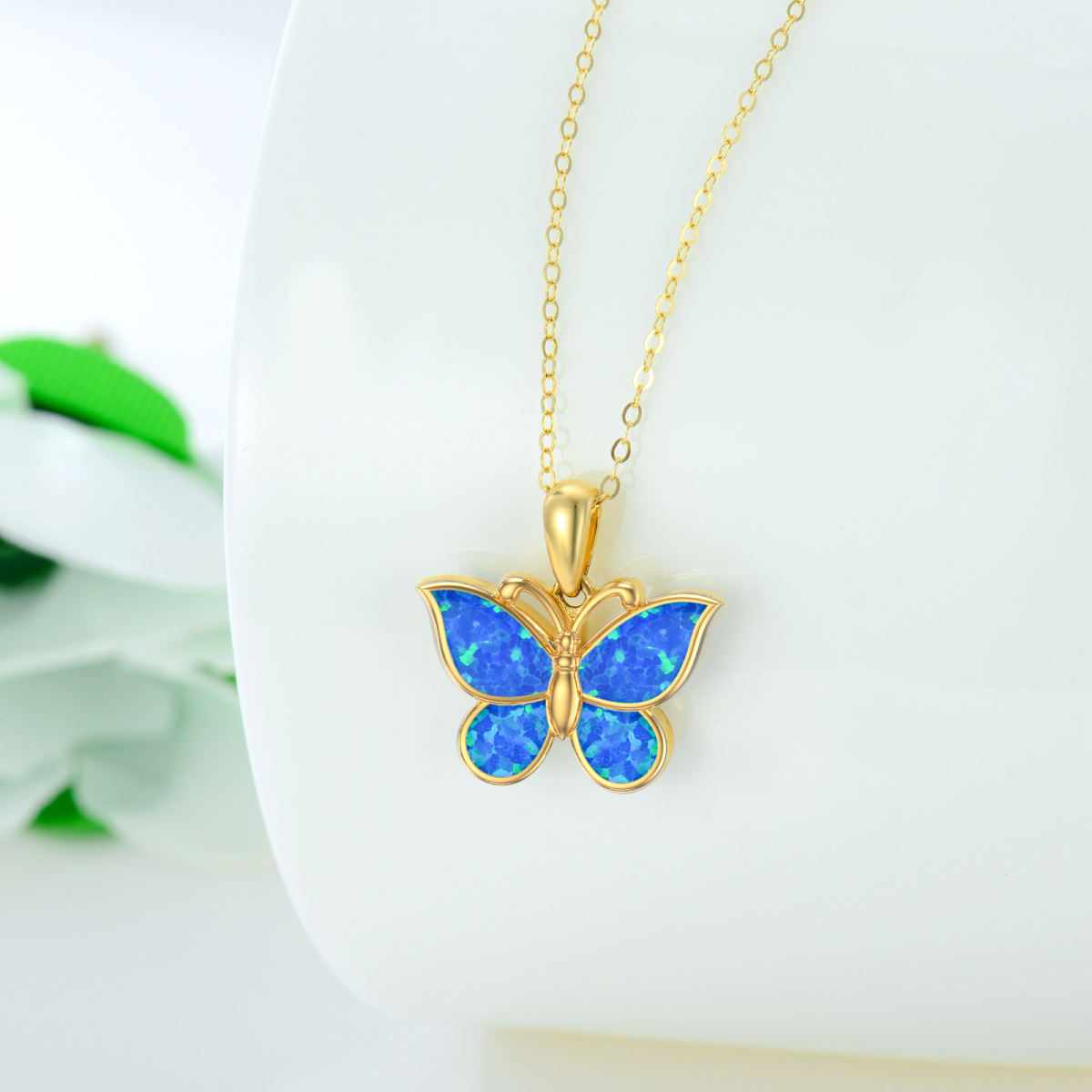 10K Gold Opal Butterfly Pendant Necklace-3