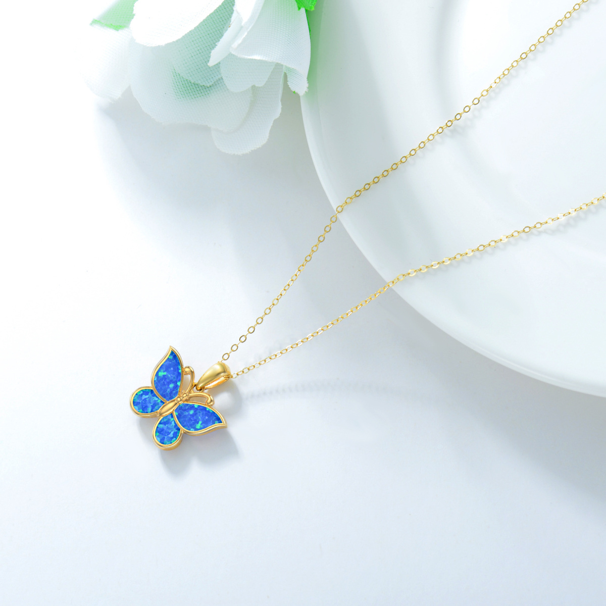 10K Gold Opal Butterfly Pendant Necklace-4