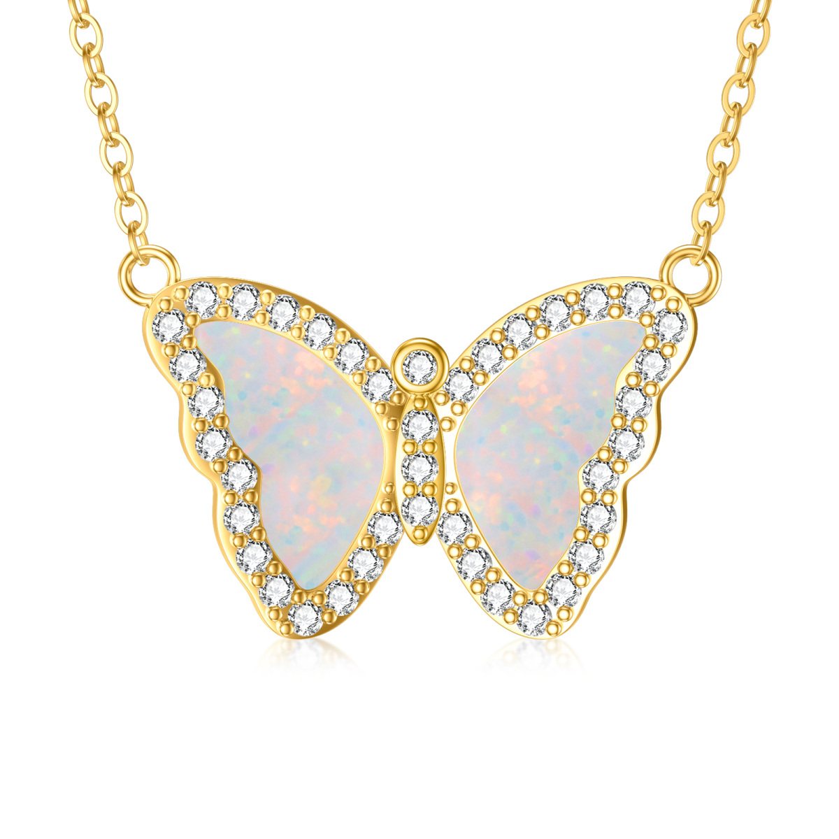 10K Gold Opal Butterfly Pendant Necklace-1