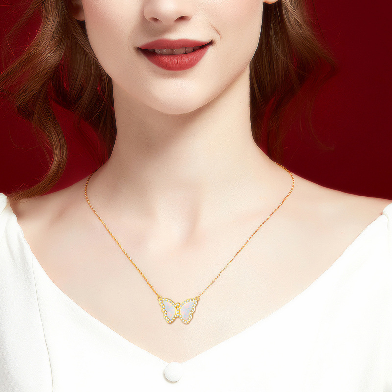 10K White Gold Opal Butterfly Pendant Necklace-2