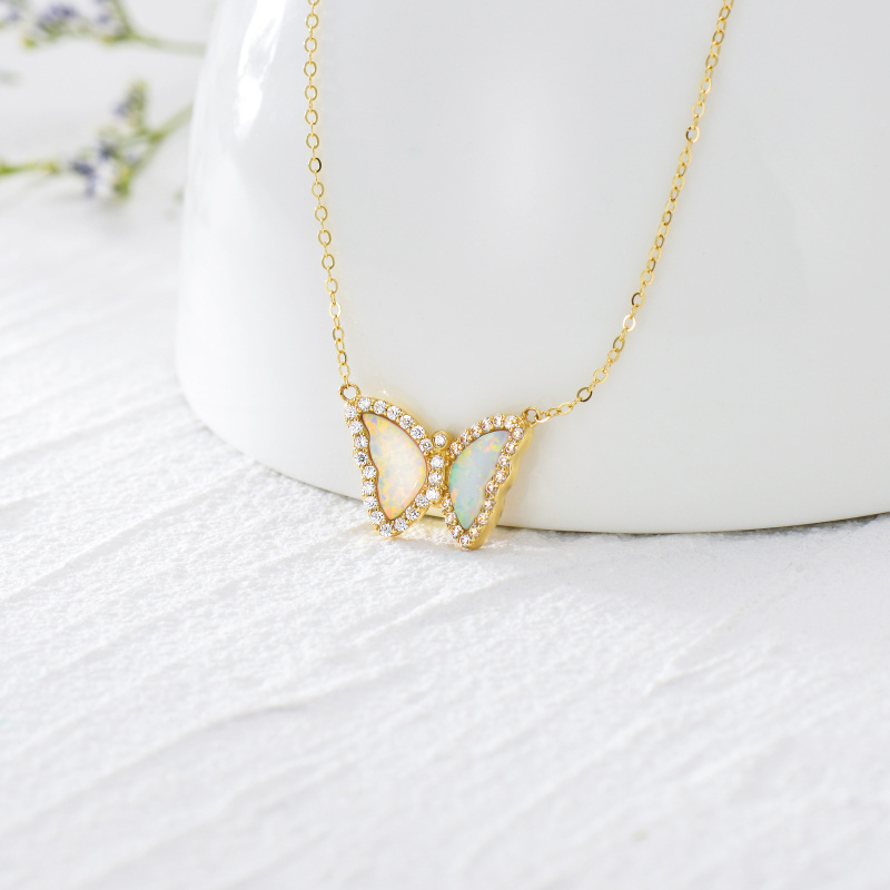 10K White Gold Opal Butterfly Pendant Necklace-3