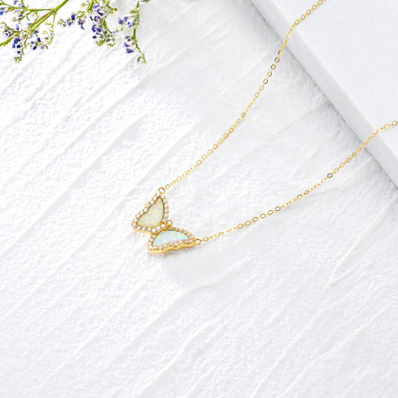 10K White Gold Opal Butterfly Pendant Necklace-4