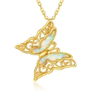 10K Gold Opal Butterfly Pendant Necklace-24