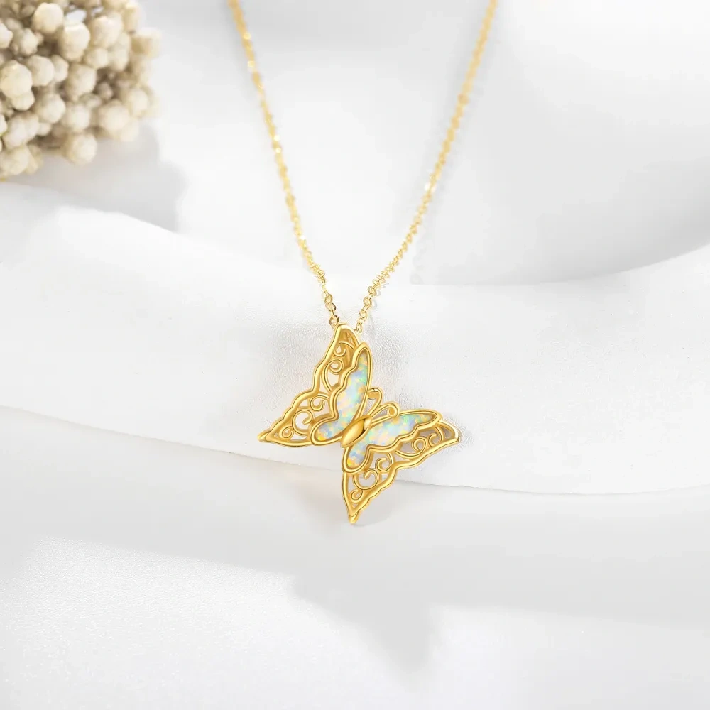 10K Gold Opal Schmetterling Anhänger Halskette-3