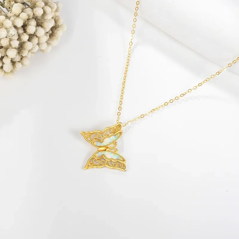10K Gold Opal Butterfly Pendant Necklace-4