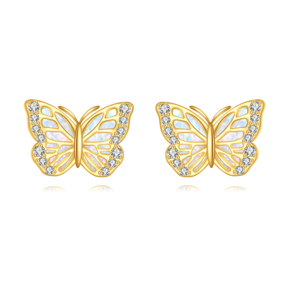 14K Gold Cubic Zirconia & Opal Butterfly Stud Earrings-1