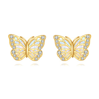 14K Gold Cubic Zirconia & Opal Butterfly Stud Earrings-1