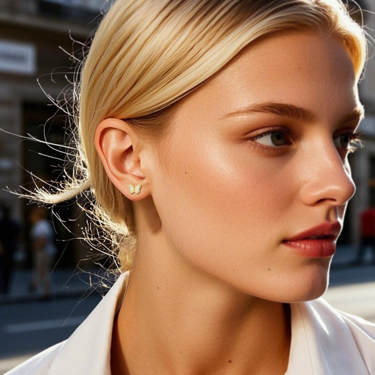 14K Gold Cubic Zirconia & Opal Butterfly Stud Earrings-2