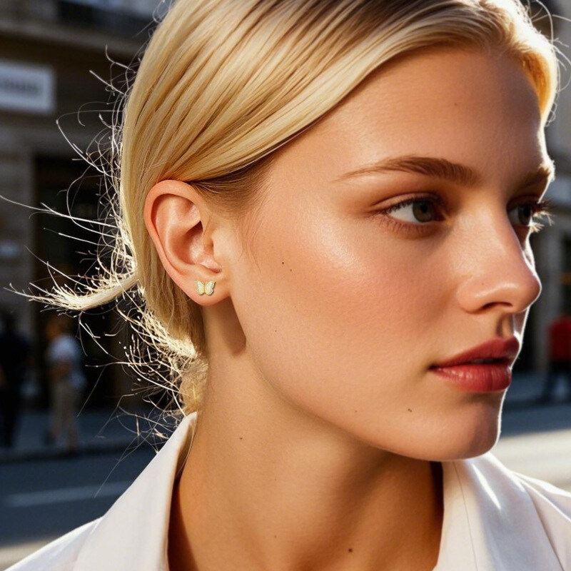 10K White Gold Cubic Zirconia & Opal Butterfly Stud Earrings-2