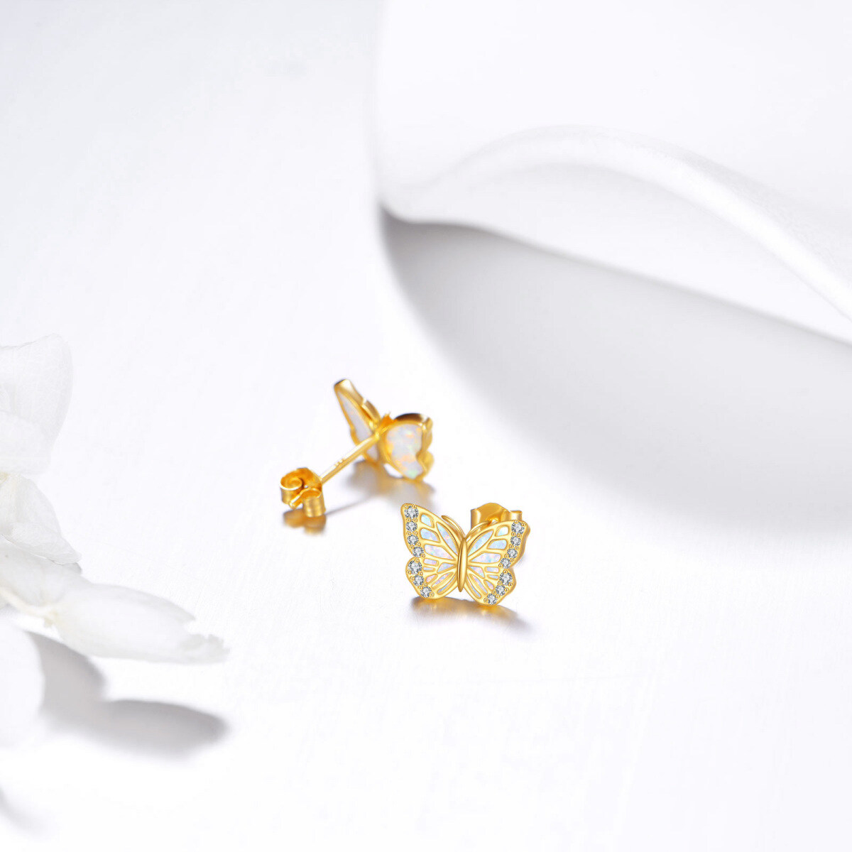 14K Gold Cubic Zirconia & Opal Butterfly Stud Earrings-4