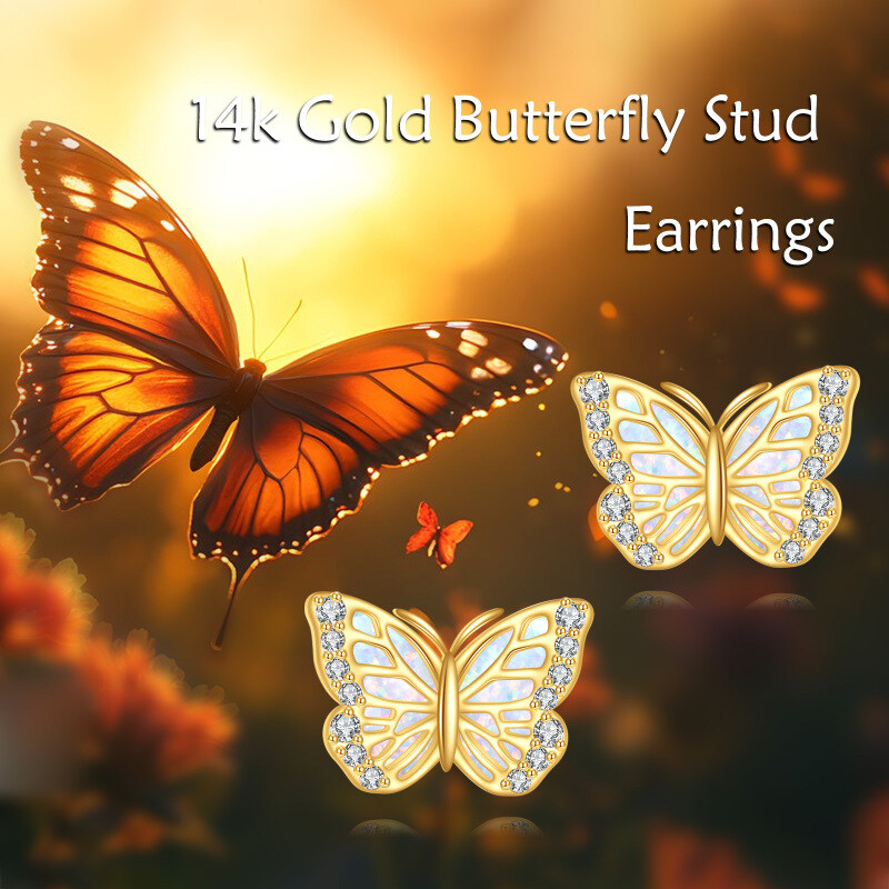 10K White Gold Cubic Zirconia & Opal Butterfly Stud Earrings-6