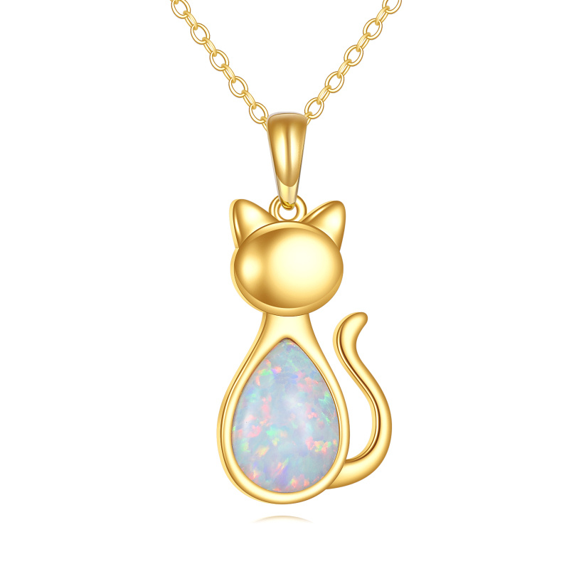 14K Gold Opal Cat Pendant Necklace-1