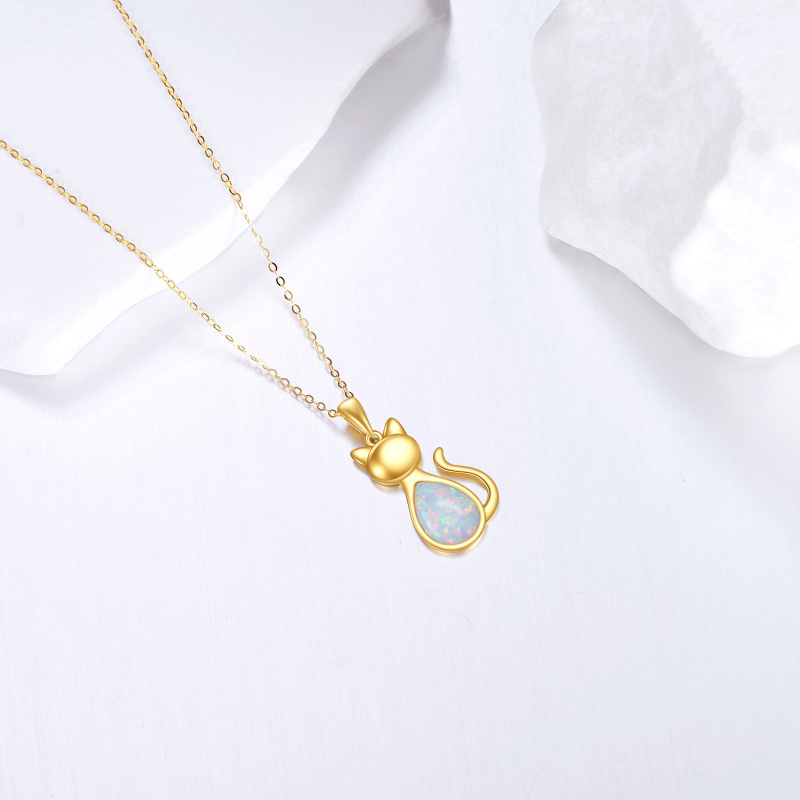 14K Gold Opal Cat Pendant Necklace-3