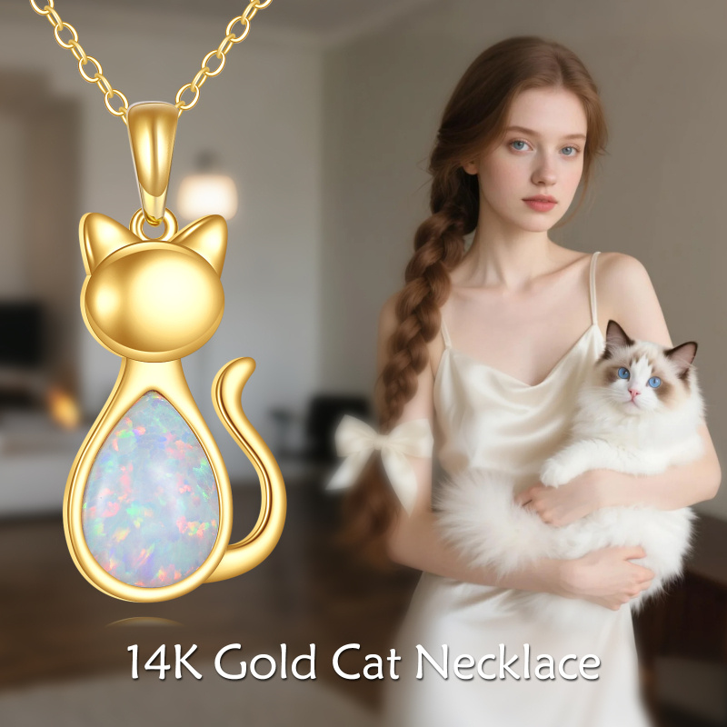 14K Gold Opal Cat Pendant Necklace-5
