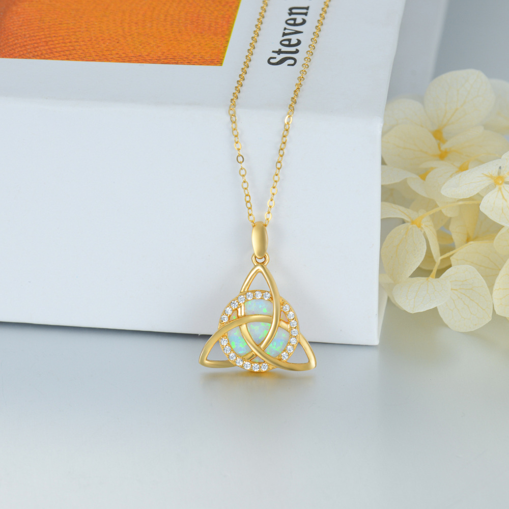 10K Gold Opal & Cubic Zirconia Celtic Knot Pendant Necklace-3