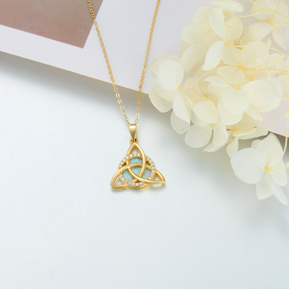 10K Gold Opal & Cubic Zirconia Celtic Knot Pendant Necklace-4
