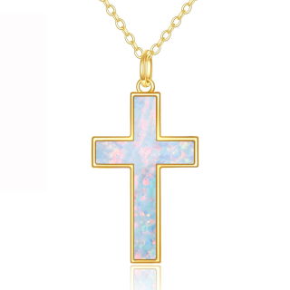 14K Gold Opal Cross Pendant Necklace-10