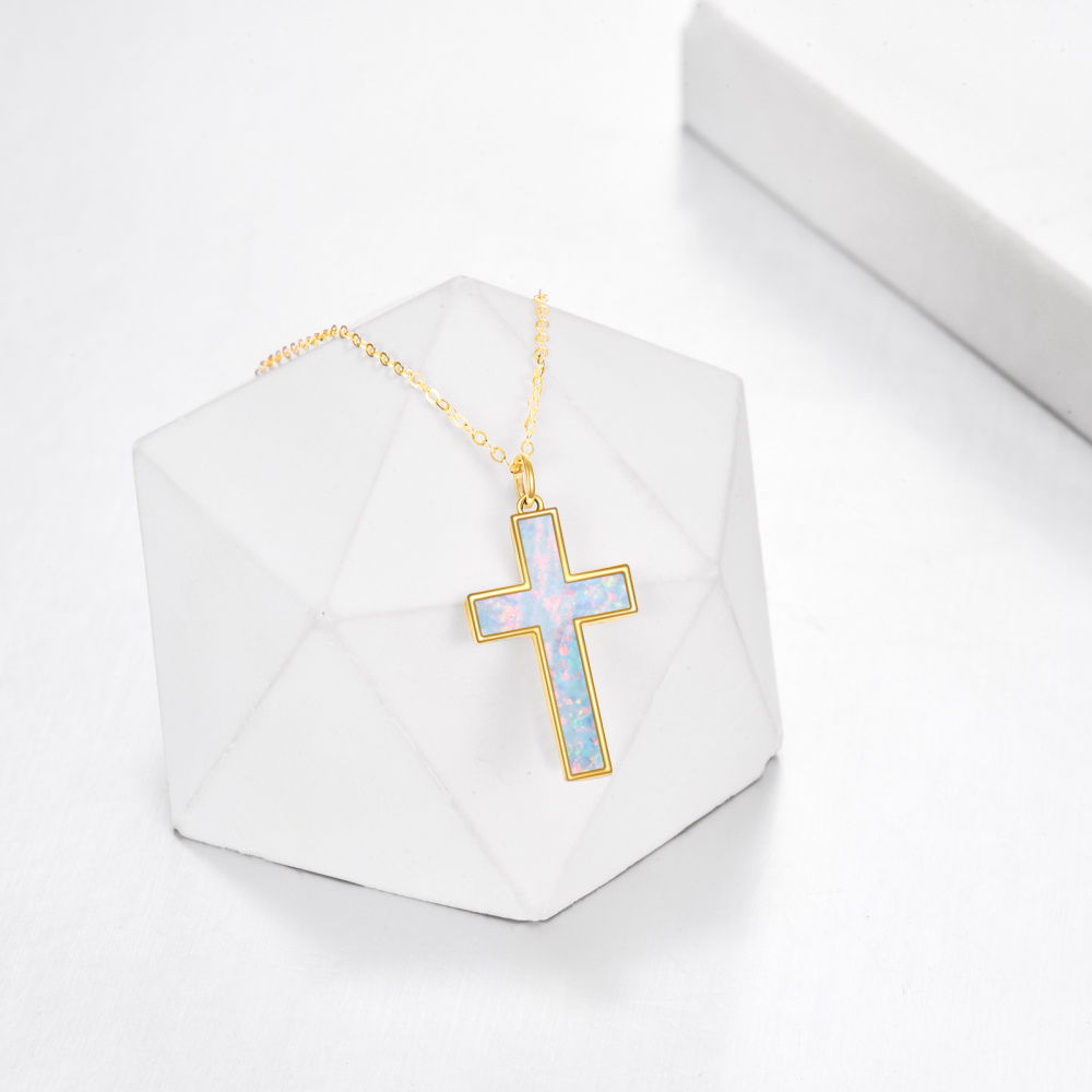 10K Gold Opal Cross Pendant Necklace-3