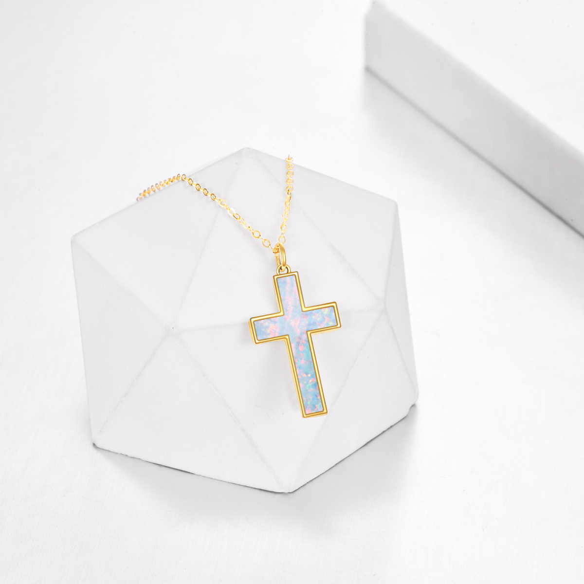 14K Gold Opal Cross Pendant Necklace-3