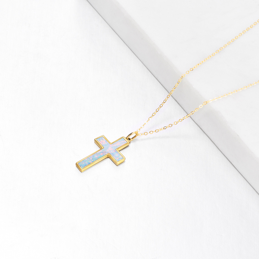 10K Gold Opal Cross Pendant Necklace-4
