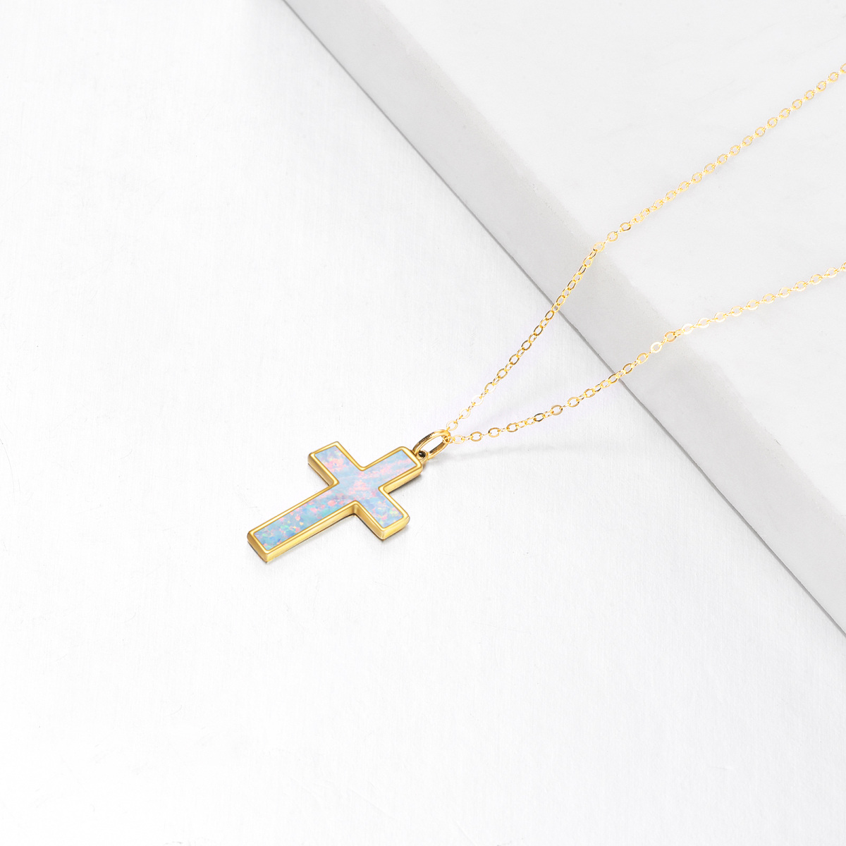 14K Gold Opal Cross Pendant Necklace-4