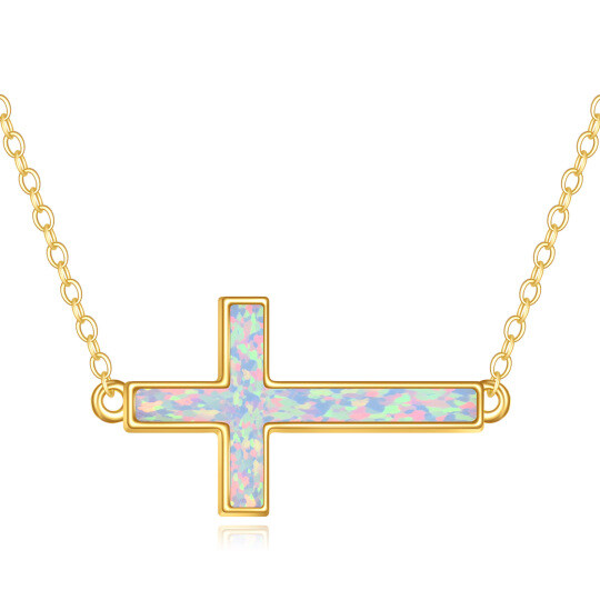 Collier pendentif croix en or 10 carats avec opale