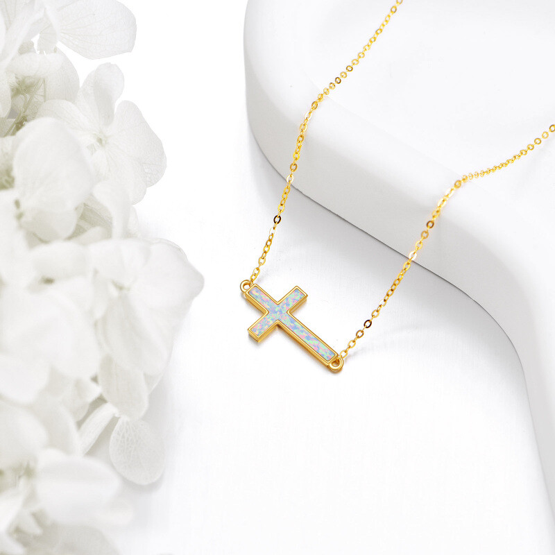 18K Gold Opal Cross Pendant Necklace-3