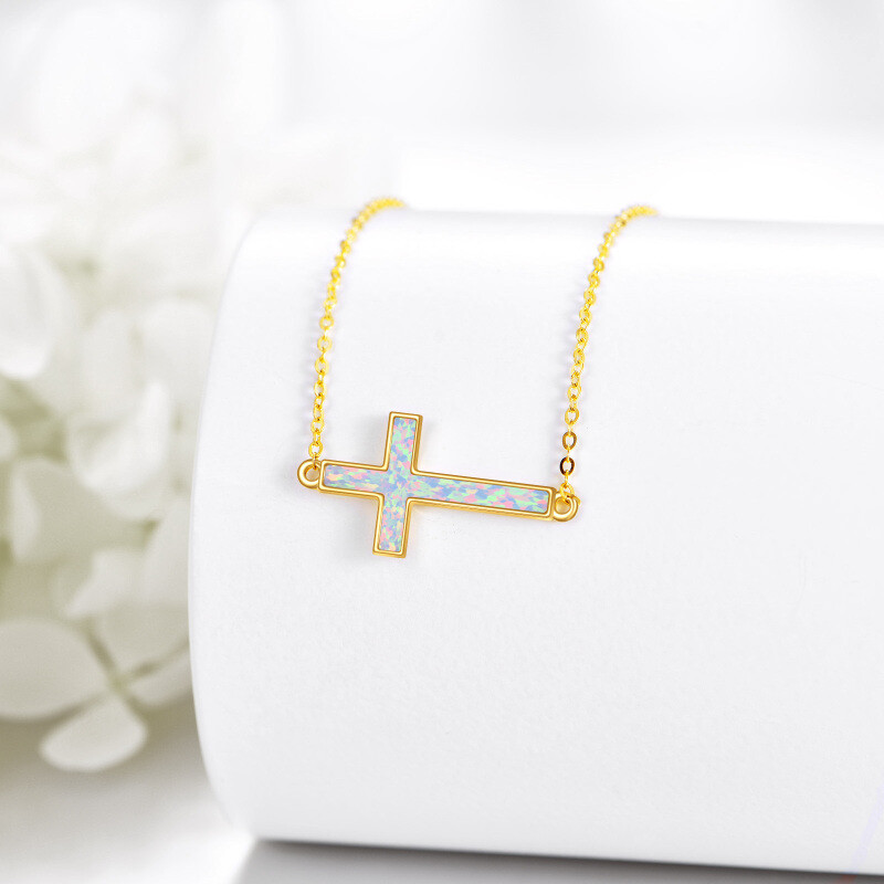 18K Gold Opal Cross Pendant Necklace-4