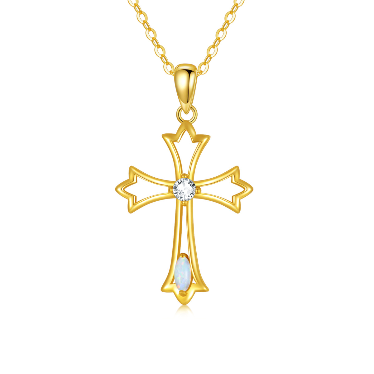 Collier croix en or 14K avec zircon cubique et opale-1