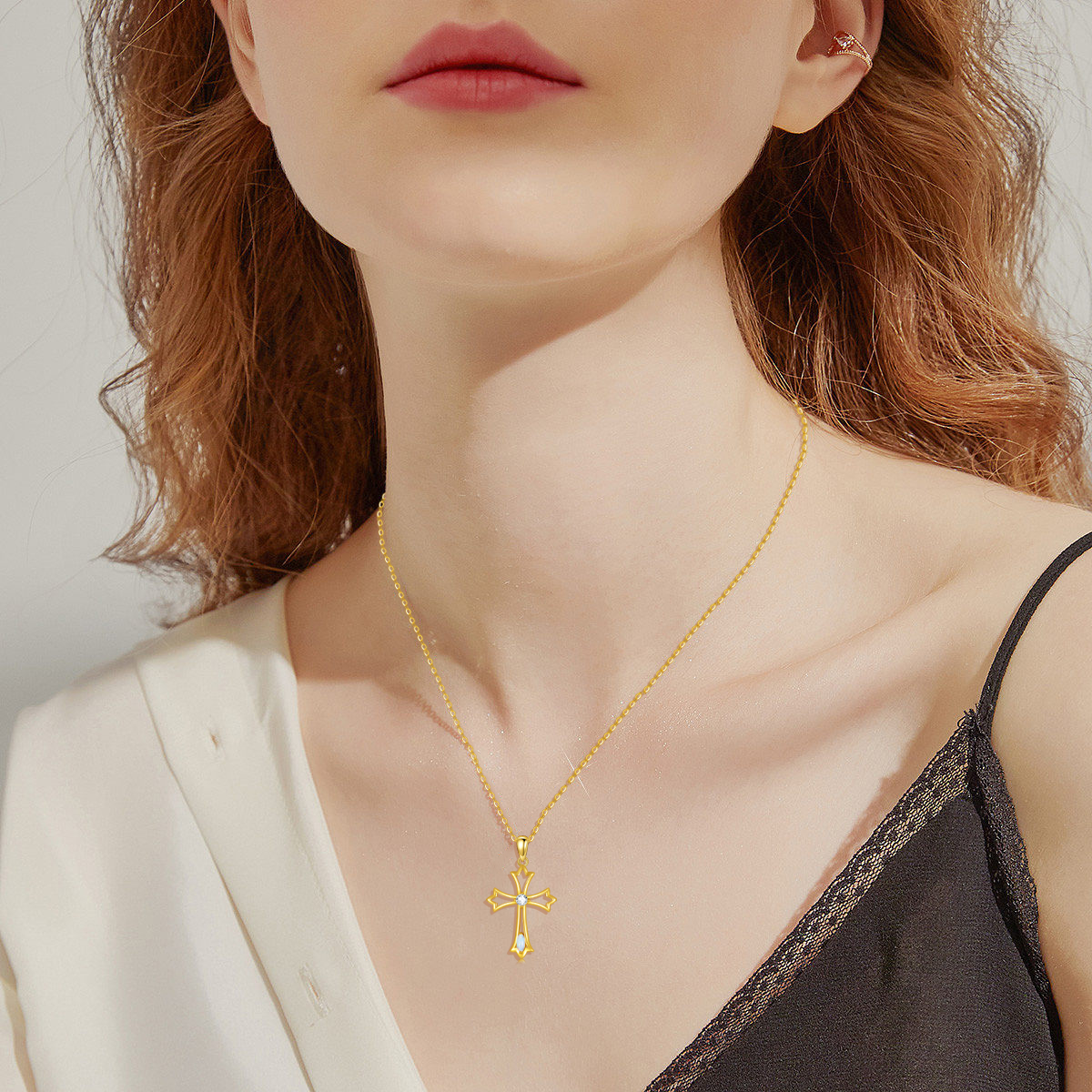 Collier croix en or 14K avec zircon cubique et opale-2