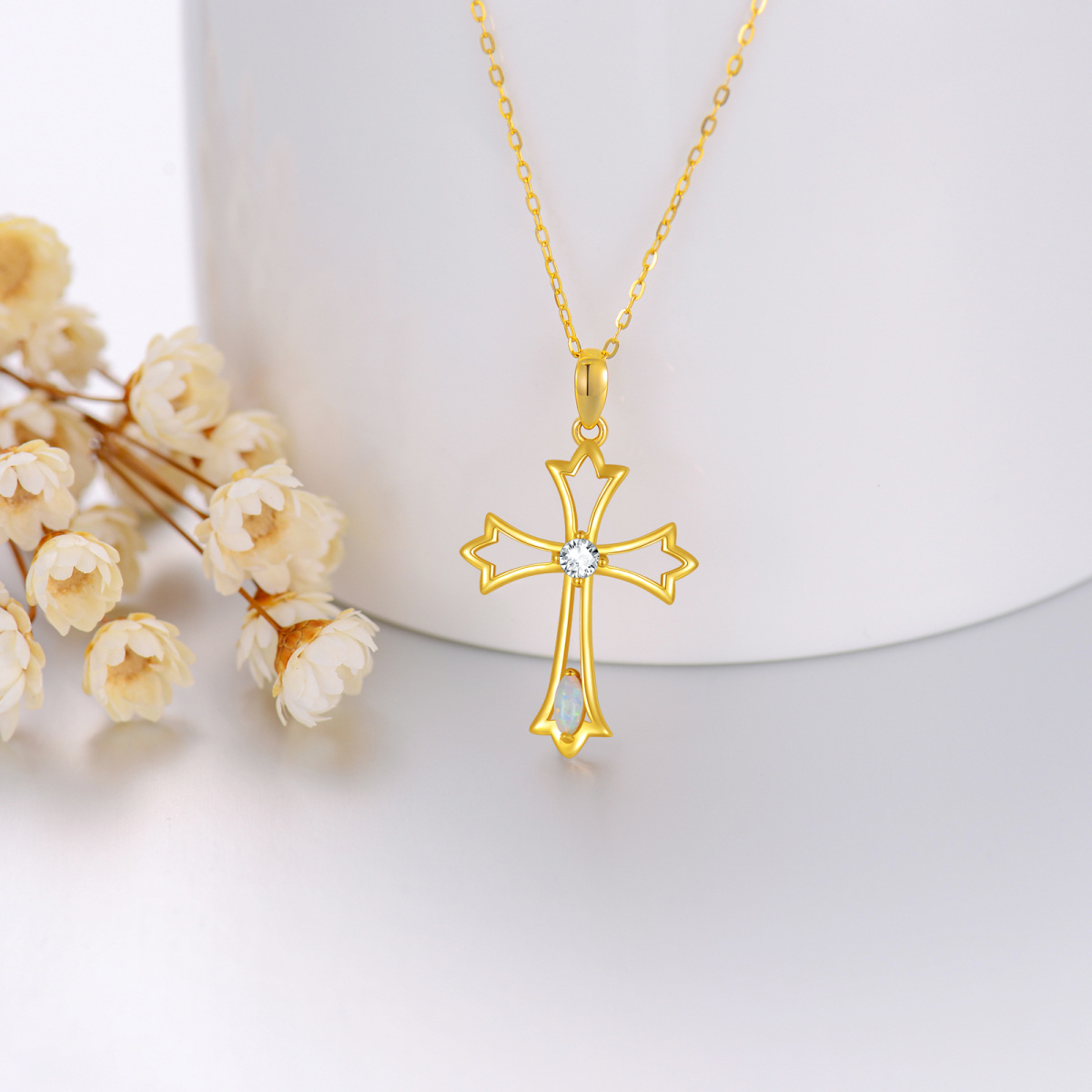 Collier croix en or 14K avec zircon cubique et opale-3