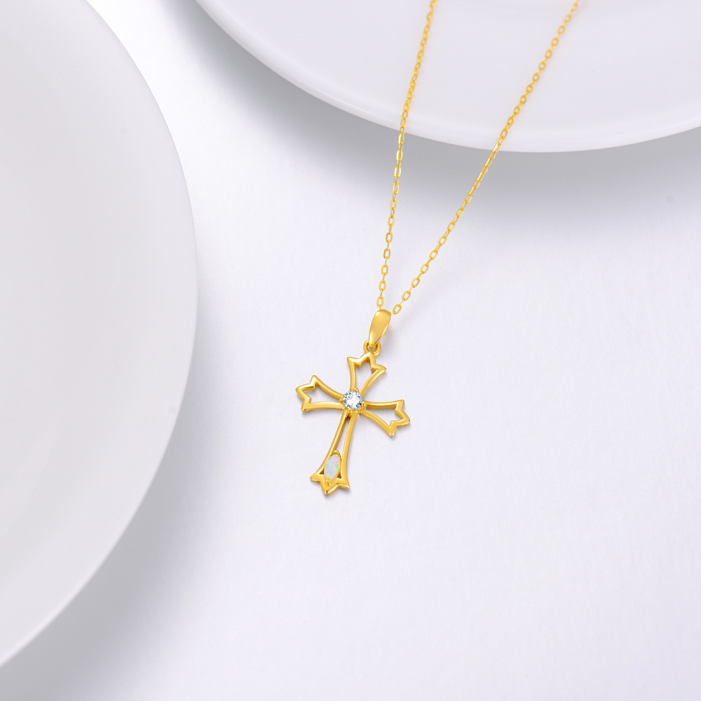 10K Gold Cubic Zirconia & Opal Cross Pendant Necklace-4