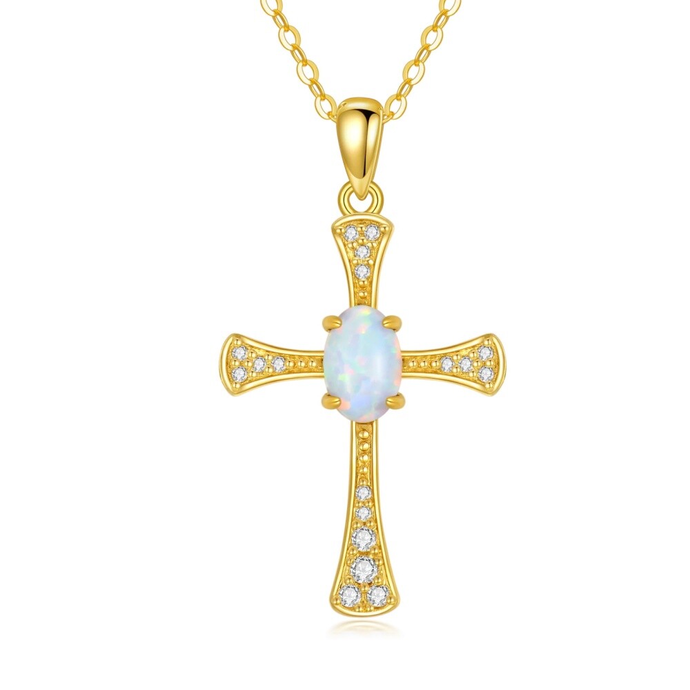 10K Gold Cubic Zirconia & Opal Cross Pendant Necklace-1