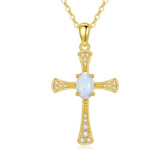 14K Gold Cubic Zirconia & Opal Cross Pendant Necklace-2