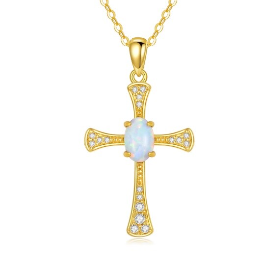 10K Gold Cubic Zirconia & Opal Cross Pendant Necklace