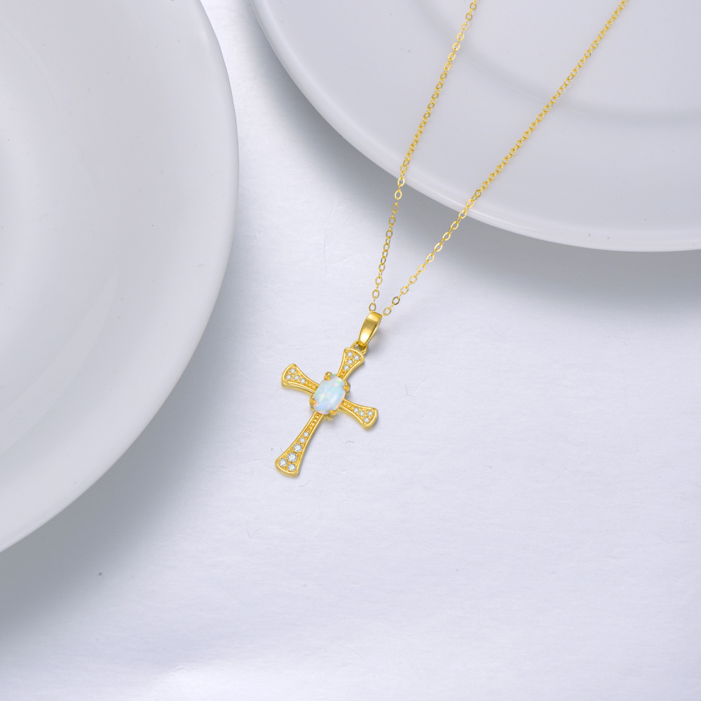 10K Gold Cubic Zirconia & Opal Cross Pendant Necklace-3